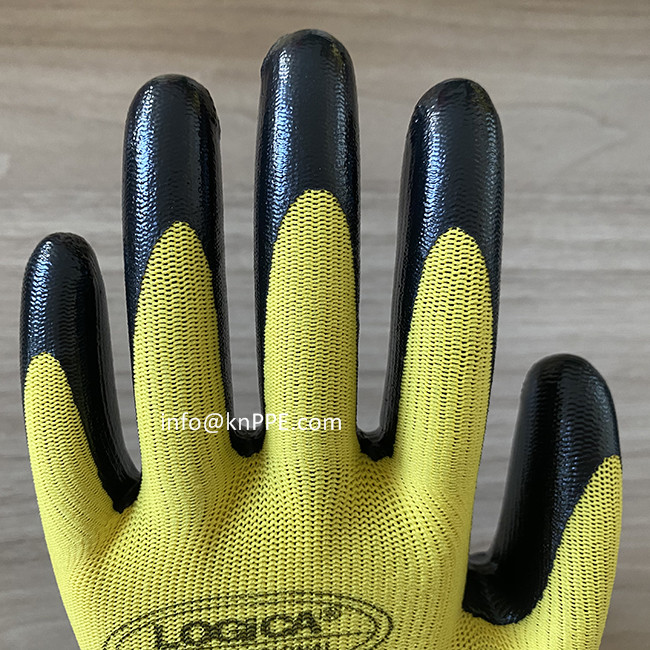cheap nitrile coated working glove with yellow poly liner and black nitrile smooth anti-acid coating 05