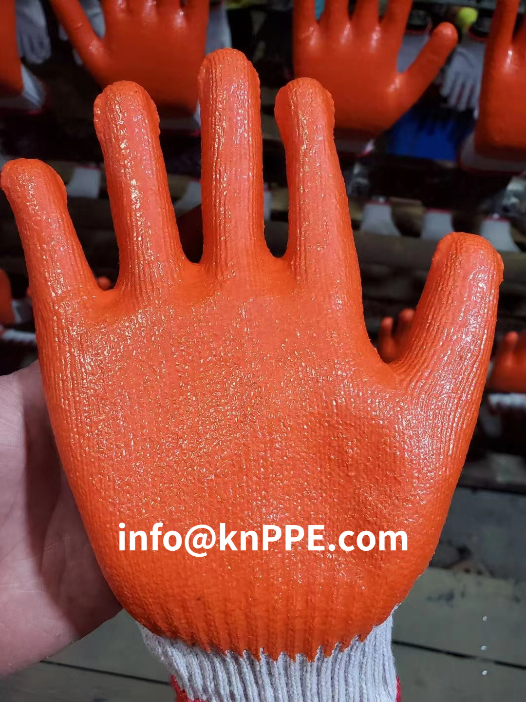 Cheap rubber coated glove, TC liner orange coated working safety gauntlets