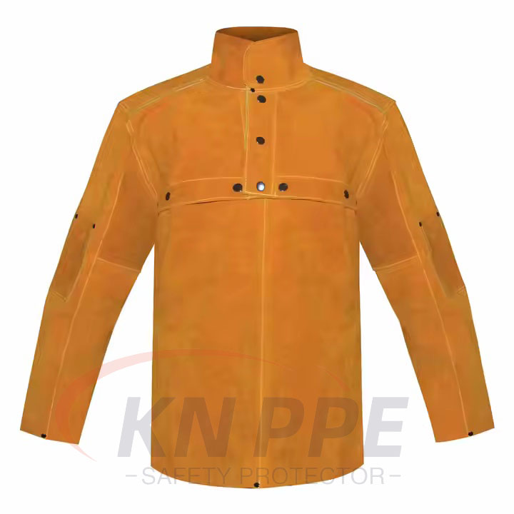 Yellow Cowhide Leather Welding Clothes with Back Open, Full Cow Split Leather Welding Top with Long Sleeves