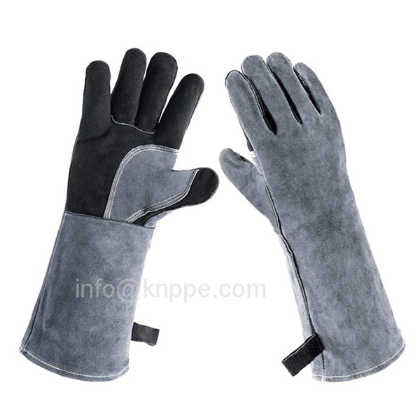 16 inch dark gray cowhide leather gloves with hook 