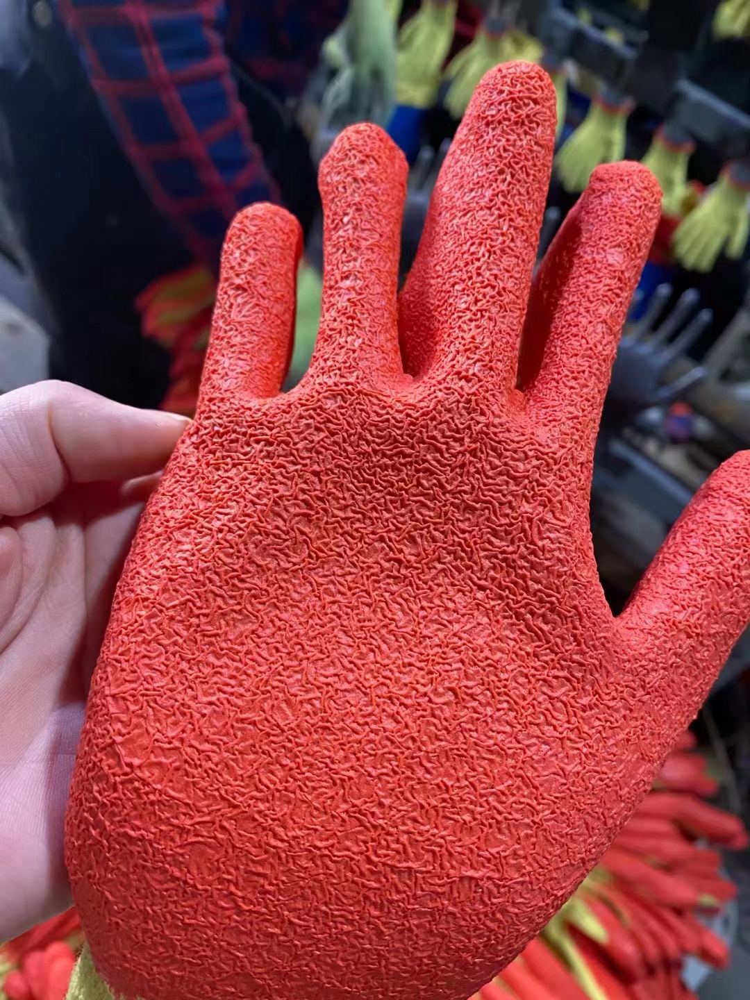 10 gauge latex coated gloves with TC liner, orange crinkle rubber coated gloves