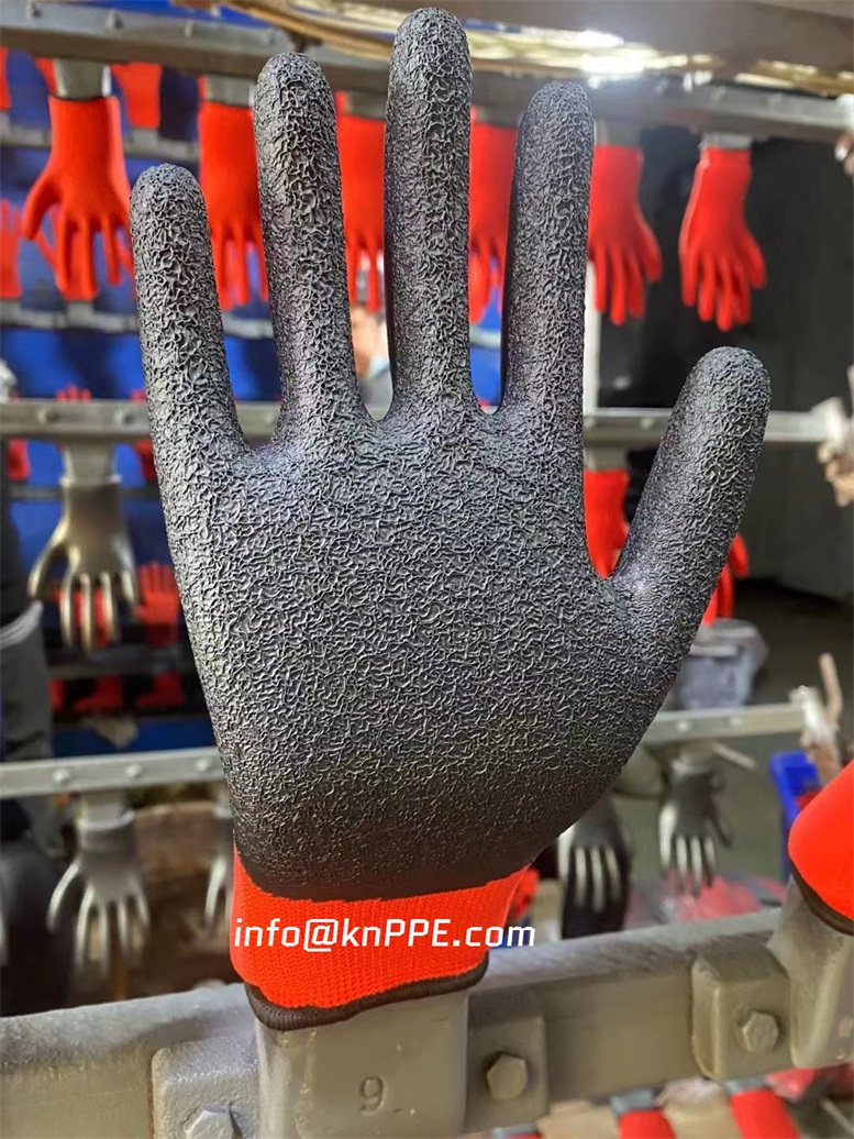 Red black latex coated gloves with palm dipped, slip resistant gloves - Kunnuo International 