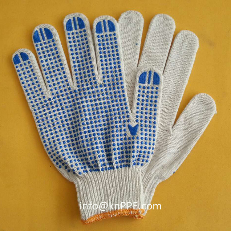 Raw White TC Liner Knitted Working Hand Glove with Single Side Blue Anti-slip PVC Dots 