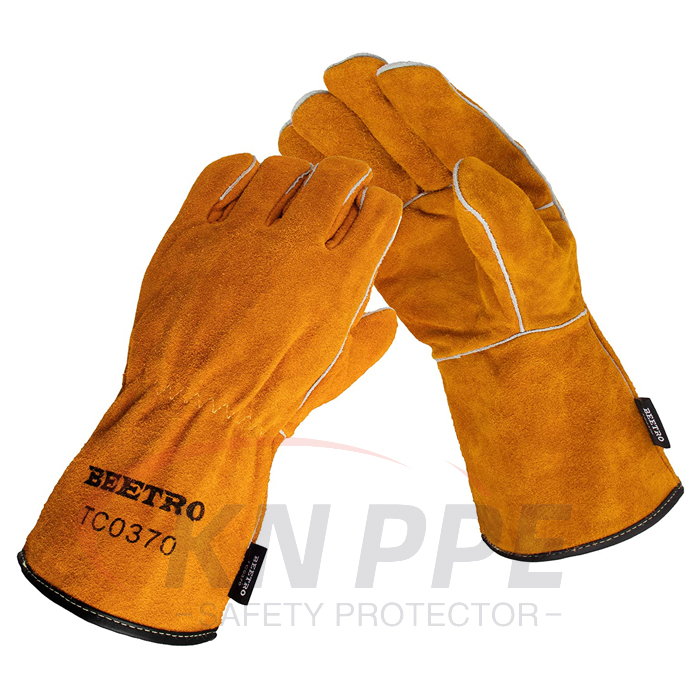 Gold Genuine Cowhide Leather Welding Gloves, Kevlar Stitched Spark Resistant Safety Gloves 14 Inch 16 Inch Flame Resistant Leather Gloves