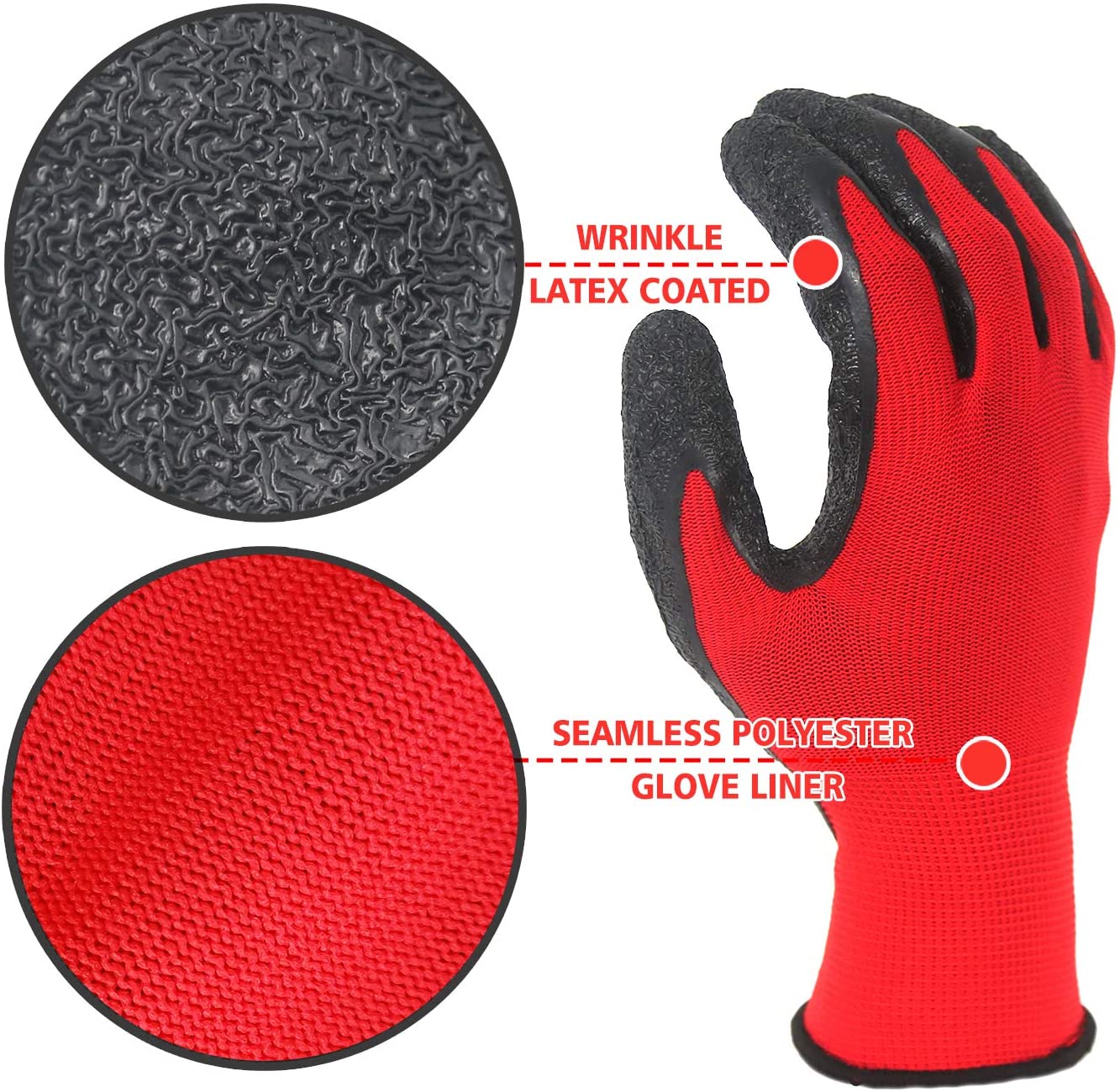 13 Gauge Nylon Latex Palm Coated Working Gloves with Crinkle-Finishing, Red Black Latex Coated Working Hand Gloves