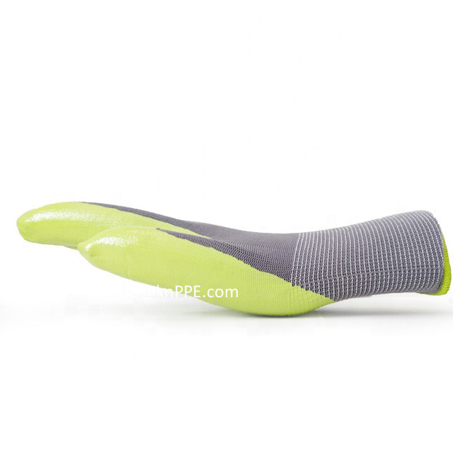 nitrile coated safety working glove with gray liner and fluiscent palm dipping4