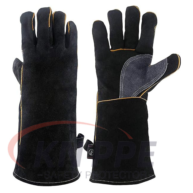 Black Welder Gloves with Partial Palm Reinforcement, Double-palmed Leather Welding Gloves, 16 Leather Welding Gloves